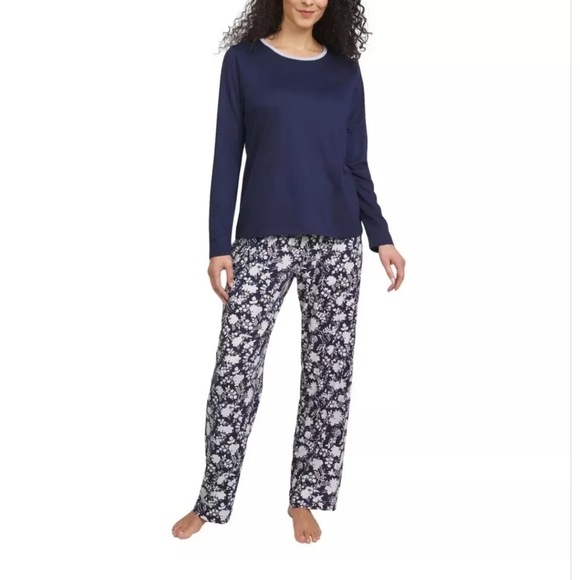 Lands End 2 pc pajama set sz S navy white long sleeve print drawstring pant NWT - Picture 2 of 9